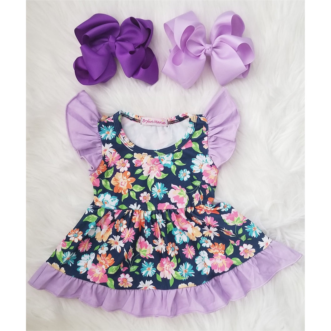 Lavender Flower Flutter Sleeve Dress