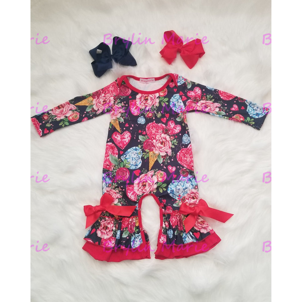 Navy & Red Flowers & Hearts Ruffle Romper - Brylin Marie Boutique