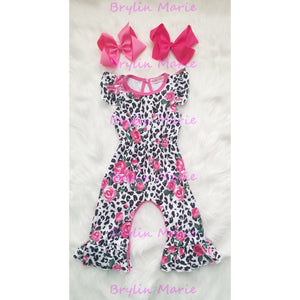Snow Leopard & Pink Roses Ruffle Romper - Brylin Marie Boutique